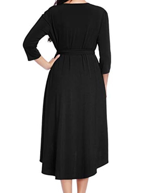 GRAPENT Women's Plus Size Solid V Neck Knee Length 3/4 Sleeve Hi Lo True Wrap Dress