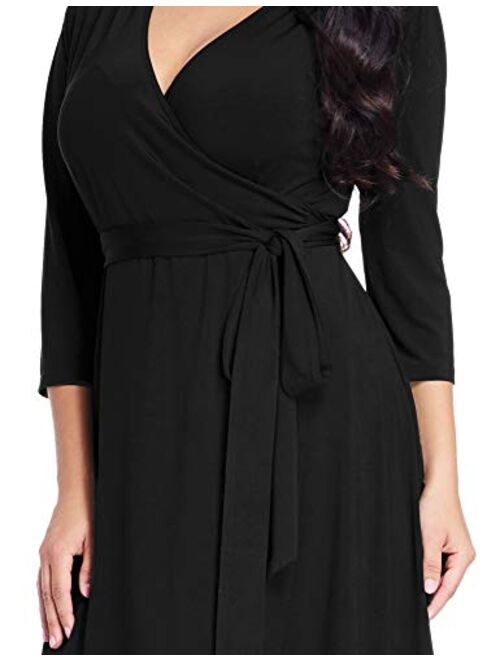 GRAPENT Women's Plus Size Solid V Neck Knee Length 3/4 Sleeve Hi Lo True Wrap Dress