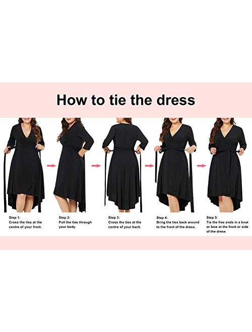 GRAPENT Women's Plus Size Solid V Neck Knee Length 3/4 Sleeve Hi Lo True Wrap Dress