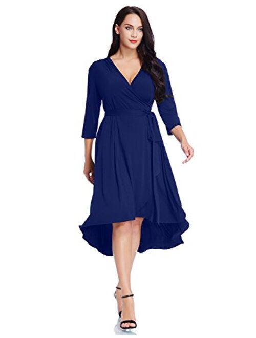 GRAPENT Women's Plus Size Solid V Neck Knee Length 3/4 Sleeve Hi Lo True Wrap Dress