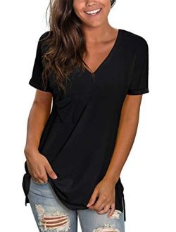 WFTBDREAM Womens Short Sleeve V Neck T Shirts Casual Rolled Sleeve Side Split Tops