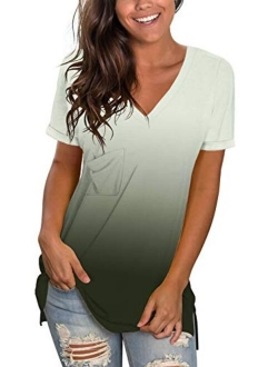 WFTBDREAM Womens Short Sleeve V Neck T Shirts Casual Rolled Sleeve Side Split Tops