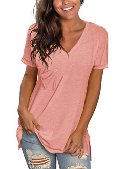 WFTBDREAM Womens Short Sleeve V Neck T Shirts Casual Rolled Sleeve Side Split Tops