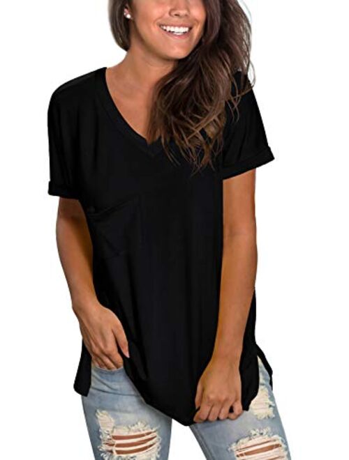 WFTBDREAM Womens Short Sleeve V Neck T Shirts Casual Rolled Sleeve Side Split Tops