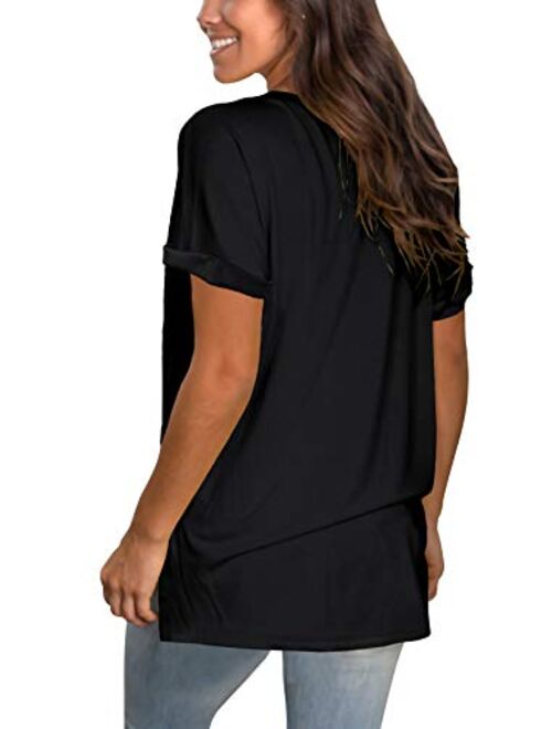 WFTBDREAM Womens Short Sleeve V Neck T Shirts Casual Rolled Sleeve Side Split Tops