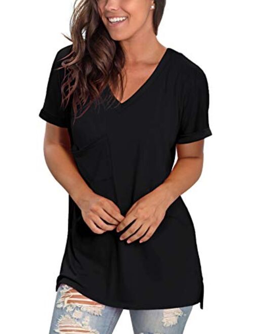 WFTBDREAM Womens Short Sleeve V Neck T Shirts Casual Rolled Sleeve Side Split Tops