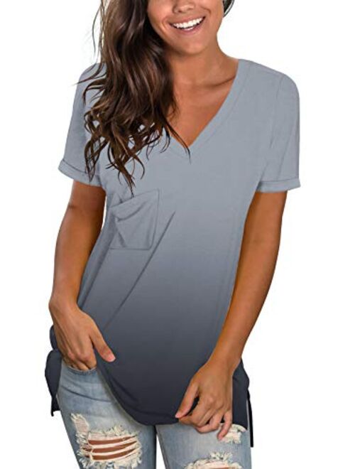 WFTBDREAM Womens Short Sleeve V Neck T Shirts Casual Rolled Sleeve Side Split Tops