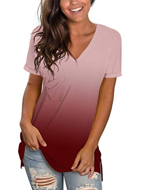 WFTBDREAM Womens Short Sleeve V Neck T Shirts Casual Rolled Sleeve Side Split Tops