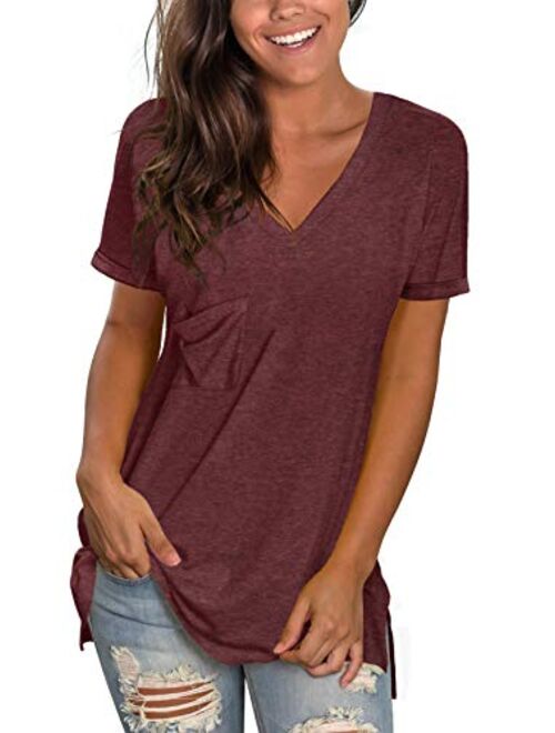 WFTBDREAM Womens Short Sleeve V Neck T Shirts Casual Rolled Sleeve Side Split Tops