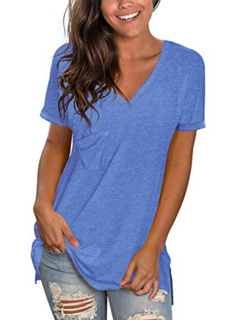 WFTBDREAM Womens Short Sleeve V Neck T Shirts Casual Rolled Sleeve Side Split Tops