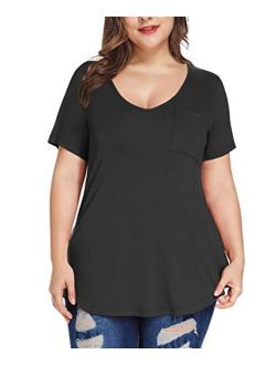 MONNURO Womens Plus Size Shirts Casual V Neck Short Sleeve Tunic Top with Pocket