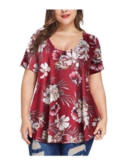 MONNURO Womens Plus Size Shirts Casual V Neck Short Sleeve Tunic Top with Pocket