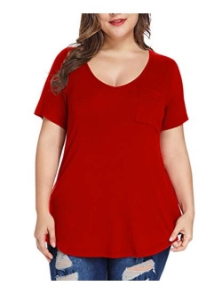 MONNURO Womens Plus Size Shirts Casual V Neck Short Sleeve Tunic Top with Pocket