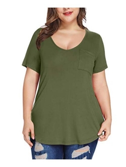 MONNURO Womens Plus Size Shirts Casual V Neck Short Sleeve Tunic Top with Pocket