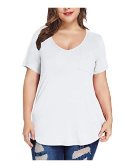 MONNURO Womens Plus Size Shirts Casual V Neck Short Sleeve Tunic Top with Pocket