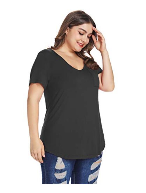 MONNURO Womens Plus Size Shirts Casual V Neck Short Sleeve Tunic Top with Pocket