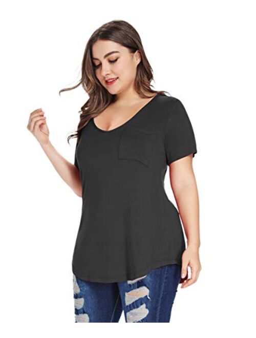 MONNURO Womens Plus Size Shirts Casual V Neck Short Sleeve Tunic Top with Pocket