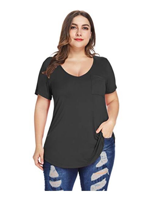 MONNURO Womens Plus Size Shirts Casual V Neck Short Sleeve Tunic Top with Pocket