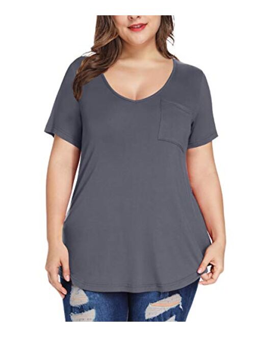 MONNURO Womens Plus Size Shirts Casual V Neck Short Sleeve Tunic Top with Pocket