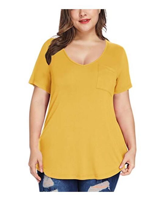 MONNURO Womens Plus Size Shirts Casual V Neck Short Sleeve Tunic Top with Pocket