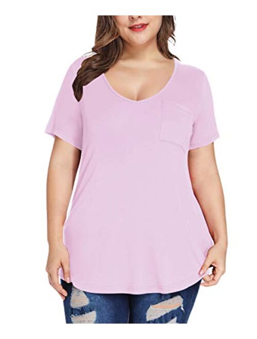 MONNURO Womens Plus Size Shirts Casual V Neck Short Sleeve Tunic Top with Pocket