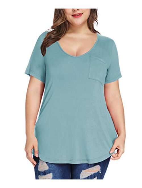 MONNURO Womens Plus Size Shirts Casual V Neck Short Sleeve Tunic Top with Pocket