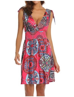 LuckyMore Women's Sleeveless Low Cut V Neck Backless Boho Printed Short Sundress