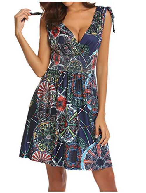 LuckyMore Women's Sleeveless Low Cut V Neck Backless Boho Printed Short Sundress