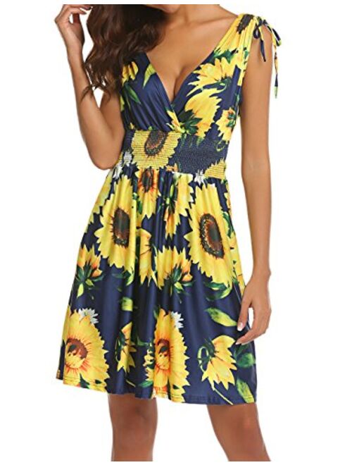 LuckyMore Women's Sleeveless Low Cut V Neck Backless Boho Printed Short Sundress