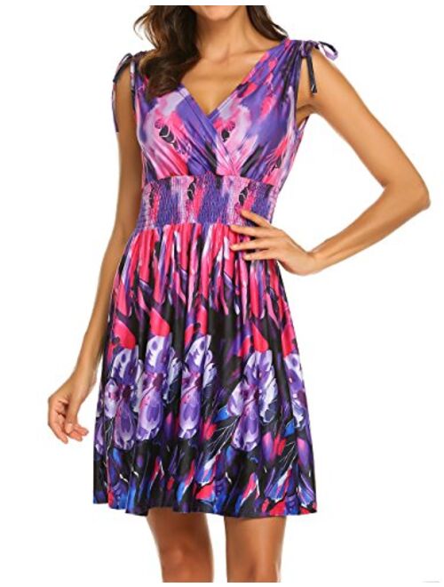 LuckyMore Women's Sleeveless Low Cut V Neck Backless Boho Printed Short Sundress