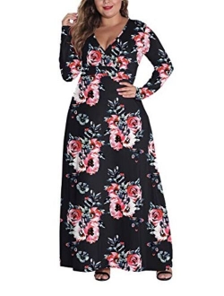 HWOKEFEIYU Women Long Sleeve Loose Plain Casual Plus Size Long Wedding Bridal Party Maxi Dress