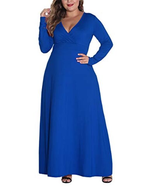 HWOKEFEIYU Women Long Sleeve Loose Plain Casual Plus Size Long Wedding Bridal Party Maxi Dress