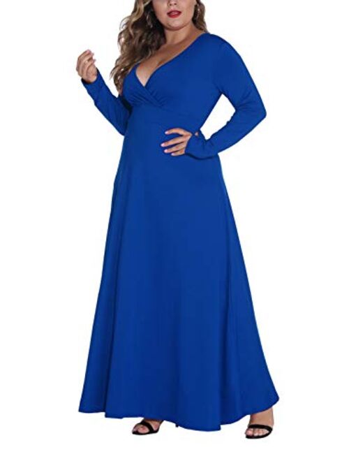 HWOKEFEIYU Women Long Sleeve Loose Plain Casual Plus Size Long Wedding Bridal Party Maxi Dress