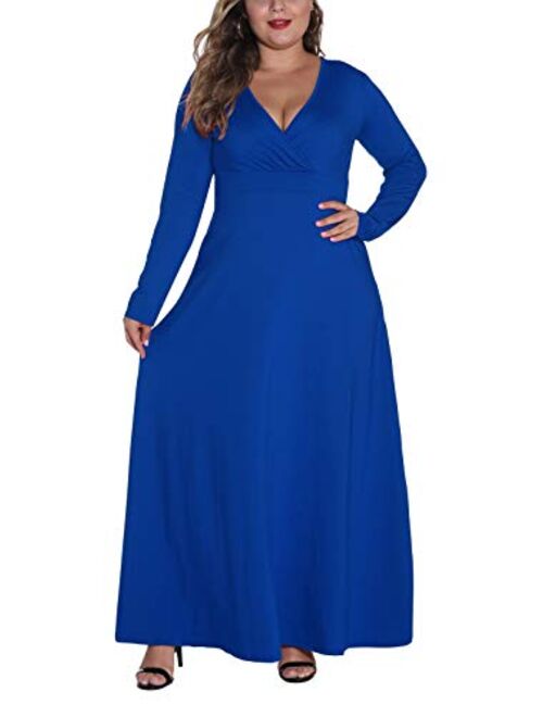 HWOKEFEIYU Women Long Sleeve Loose Plain Casual Plus Size Long Wedding Bridal Party Maxi Dress