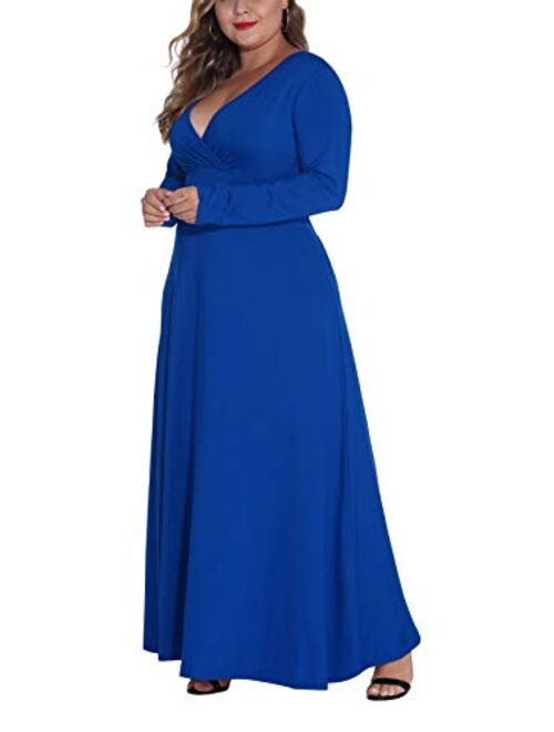 HWOKEFEIYU Women Long Sleeve Loose Plain Casual Plus Size Long Wedding Bridal Party Maxi Dress