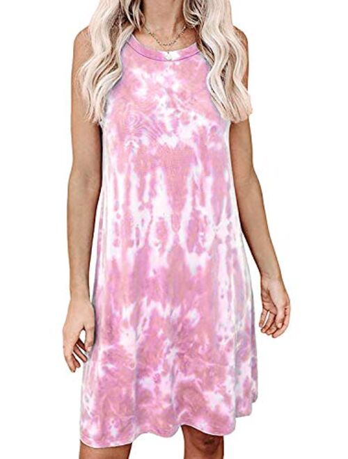 Women Tie-dye Print Sleeveless Mini Dress Casual Round Neck Rainbow Short Mini Dress