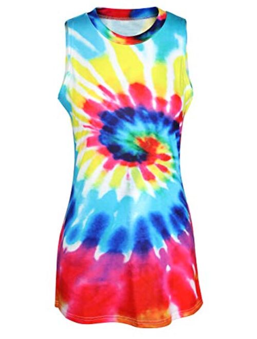 Women Tie-dye Print Sleeveless Mini Dress Casual Round Neck Rainbow Short Mini Dress