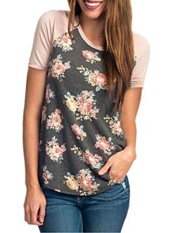 CEASIKERY Women's Blouse Short Sleeve Floral Print T-Shirt Comfy Casual Tops for Women 002