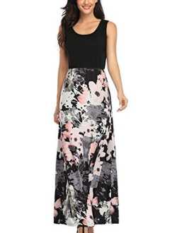 Lacavocor Womens Summer Maxi Dress Tank Top Casual Sleeveless Long Dresses with Striped Floral Print