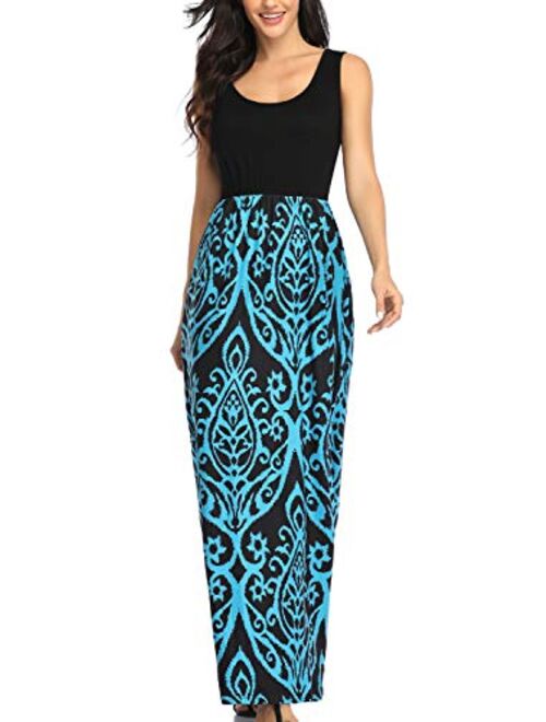 Lacavocor Womens Summer Maxi Dress Tank Top Casual Sleeveless Long Dresses with Striped Floral Print