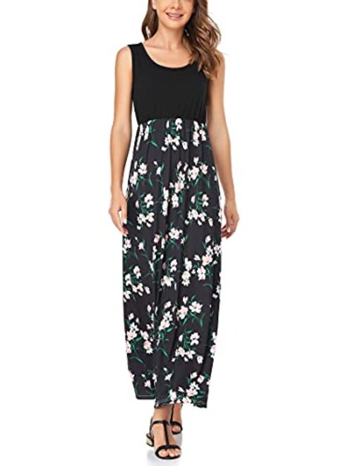 Lacavocor Womens Summer Maxi Dress Tank Top Casual Sleeveless Long Dresses with Striped Floral Print