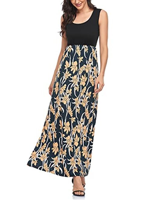 Lacavocor Womens Summer Maxi Dress Tank Top Casual Sleeveless Long Dresses with Striped Floral Print