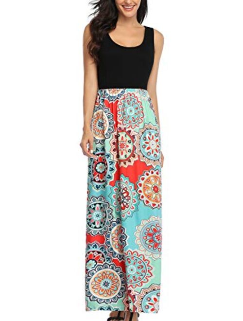 Lacavocor Womens Summer Maxi Dress Tank Top Casual Sleeveless Long Dresses with Striped Floral Print