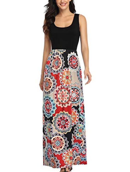 Lacavocor Womens Summer Maxi Dress Tank Top Casual Sleeveless Long Dresses with Striped Floral Print