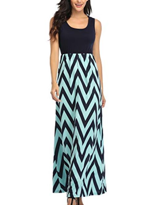 Lacavocor Womens Summer Maxi Dress Tank Top Casual Sleeveless Long Dresses with Striped Floral Print