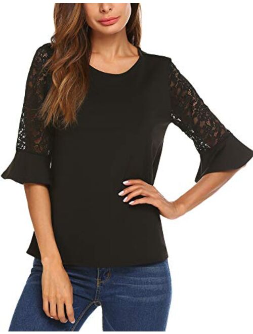 Meaneor 3/4 Sleeve Women Tops and Blouses Solid Lace Summer Tops Round Neck T-Shirts for Women S-XXL