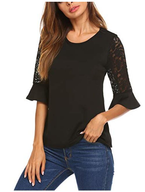 Meaneor 3/4 Sleeve Women Tops and Blouses Solid Lace Summer Tops Round Neck T-Shirts for Women S-XXL