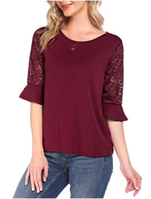 Meaneor 3/4 Sleeve Women Tops and Blouses Solid Lace Summer Tops Round Neck T-Shirts for Women S-XXL