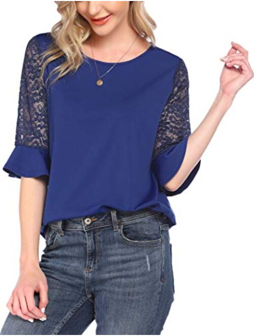 Meaneor 3/4 Sleeve Women Tops and Blouses Solid Lace Summer Tops Round Neck T-Shirts for Women S-XXL