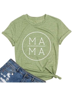 Mama Letter Printed T-Shirt for Women Blessed Mama Shirt Short Sleeve Graphic Tops Tee Casual Blouse